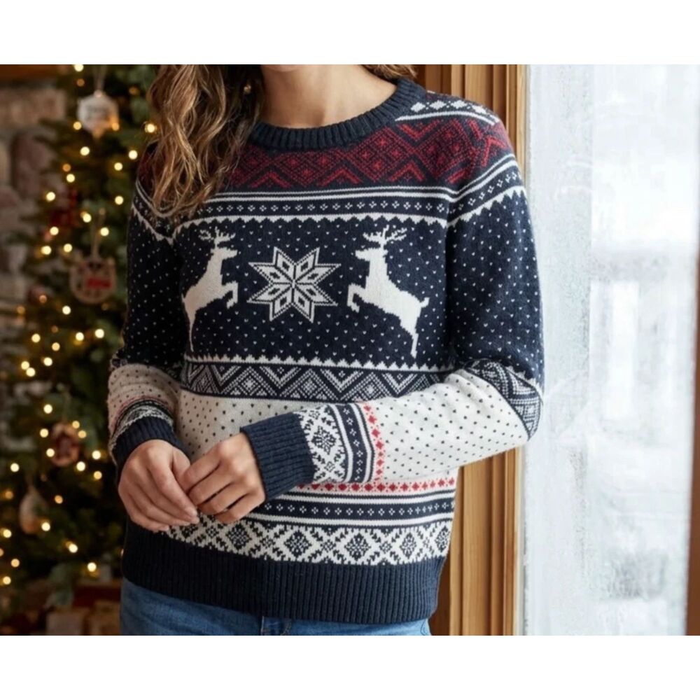 LOGG Sweater Sz M H&M Fair Isle Unisex Deer Snowflakes Nordic Pullover Alpaca